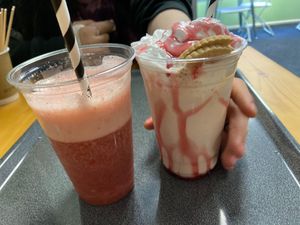 strawberry smoothie & jammie dodger milkshake at Atu in Wigan