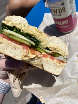 Veggie bagel with hummus (vegan) at Angeline's Bakery and Cafe in Sisters