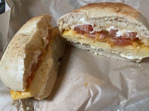 Vegan breakfast bagel, no mustard  at Angeline's Bakery and Cafe in Sisters
