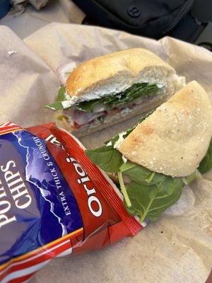 Veggie bagel sandwich with cucumber dill vegan cream cheese!  at Angeline's Bakery and Cafe in Sisters