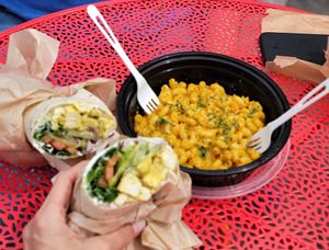 Veggie wrap with curry tofu and Mac and cheese. at Angeline's Bakery and Cafe in Sisters