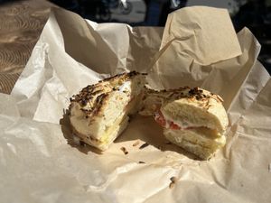 Vegan Eggish bagel sandwich  at Angeline's Bakery and Cafe in Sisters