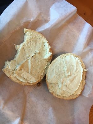Everything bagel w/ vegan avocado spread  at Angeline's Bakery and Cafe in Sisters