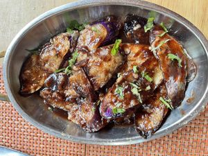 Eggplant in tamarind sauce   at Dhaba Indian Cuisine in New York City