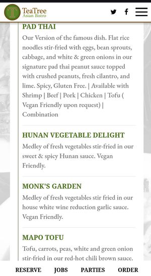 Online menu shoeing detailed vegan options at Tea Tree Asian Bistro in Perrysburg