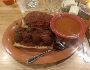 Vegan meatball sandwich and tomato soup at Great Full Gardens in Sparks