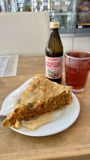 Lasagna with tofu and vegetables + cherry mint kombucha  at Upcafe in Split