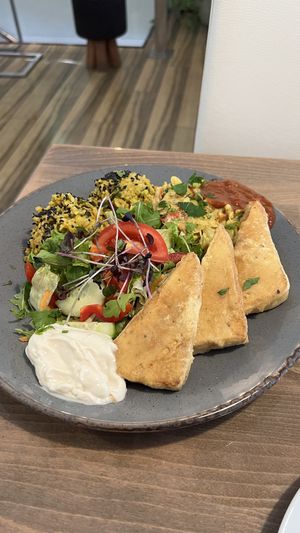 Tofu meal: risotto with vegetables, veggie mix, raw salad, vegan mayo, bbq sauce and tofu tempura  at Upcafe in Split