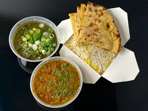 saag aloo + eggplant bharta + roti (takeout) at Pabla Indian Cuisine in Renton