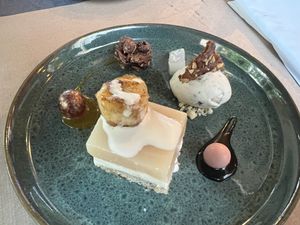 Dessert - banana “cheese”cake and olive oil icecream  at Lucky Leek in Berlin