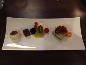 Dessert - ice cream, chocolate, fresh fruit and nut cake at Lucky Leek in Berlin