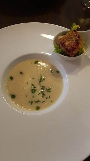 Asparagus soup with deep fried beetroot. at Lucky Leek in Berlin