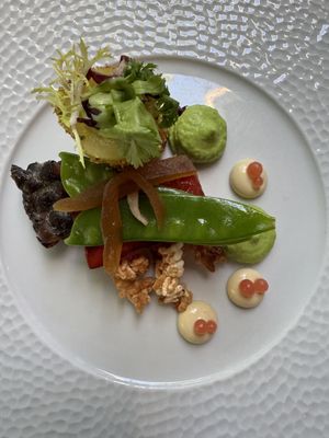 Melon tataki, rice cracker, cucumber, tempeh, pea  at Lucky Leek in Berlin