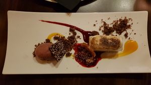 Farina pudding, baiser, chocolate crumble, raspberry, plum ice cream - delicious! at Lucky Leek in Berlin