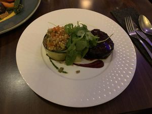 Magically delicious eggplant with some berry sauce, buckwheat noodle dish in the zucchini at Lucky Leek in Berlin