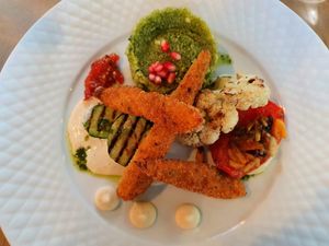 Eggplant cracker, oven tomato, green couscous at Lucky Leek in Berlin