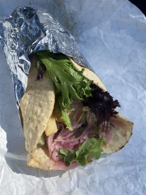 No protein wrap with six toppings and the two vegan sauces (a tahini sauce and hummus)  at Kefi Fast Fresh Mediterranean in Bend