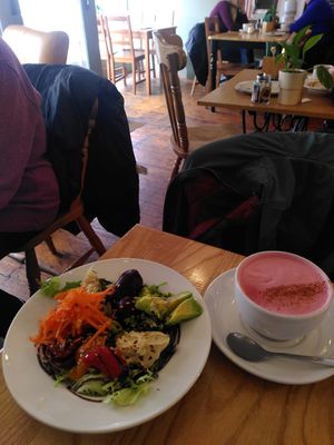 Beetroot latte and rainbow salad at The Monocle Cafe in Macclesfield