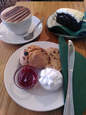 Vegan scone, orange hot chocolate and Guinness cake at The Monocle Cafe in Macclesfield