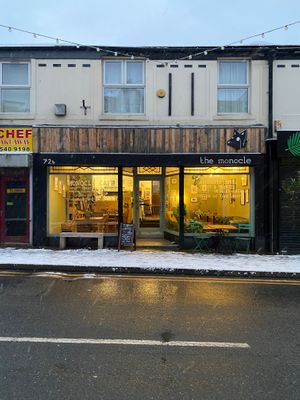 Cosy cafe in the snow at The Monocle Cafe in Macclesfield