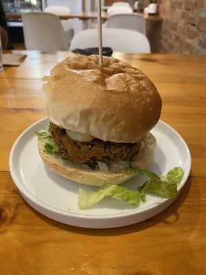 Sweet potato + black bean burger  at Rise Above in St Catharines