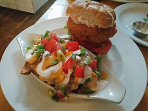 chickpea burger and deluxe fries at Rise Above in St Catharines