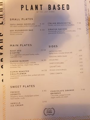 Plant based menu at The Last Zebra in Carlisle