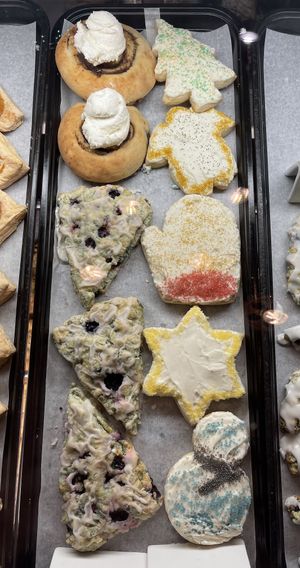 Vegan cinnamon roll with vegan cream cheese frosting, vegan blueberry lemon scone, vegan frosted sugar cookie  at Grind-On Coffee Company in Newark