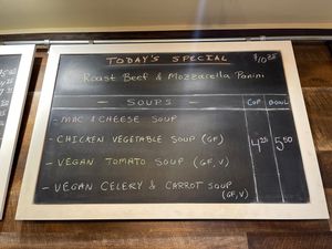 Vegan tomato soup and vegan celery and carrot soup  at Grind-On Coffee Company in Newark