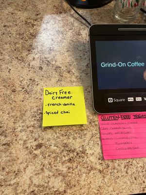 Ask which dairy free creamers are available (nut pods)  at Grind-On Coffee Company in Newark