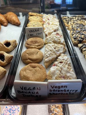 Vegan chocolate chip cookies, vegan banana doodle cookies, vegan strawberry shortcake scones  at Grind-On Coffee Company in Newark