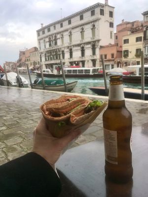 “Cina crêpe”: savoury buckwheat flour crêpe, stuffed with sweet and sour tofu, baked vegetables, rocket salad, hemp seeds pesto and cherry tomatoes.  #Veganuary at Crepes House by PePe in Venice