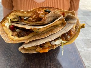 (Vegan) sweet and sour tofu, grilled veggies, hummus and almont at Crepes House by PePe in Venice