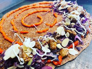 Tirana Crepes with Ayvar, sweet & sour tofu, cabbage and almonds!!   at Crepes House by PePe in Venice