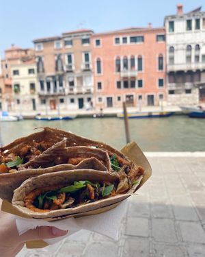 Vegan crepe with sweet&sour tofu, roasted vegetables, arugula, and tomato and hemp pesto at Crepes House by PePe in Venice