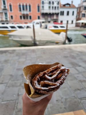 Peanut butter peaches and caramel sauce at Crepes House by PePe in Venice