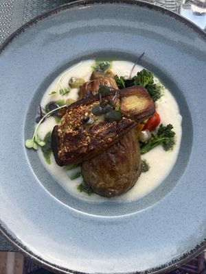 Grilled aubergine with broccoli, veggies and white sauce❤️  at Santiago's Kitchen in Alhaurin El Grande