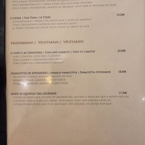 Menu at Hotel Quinta das Lágrimas in Coimbra