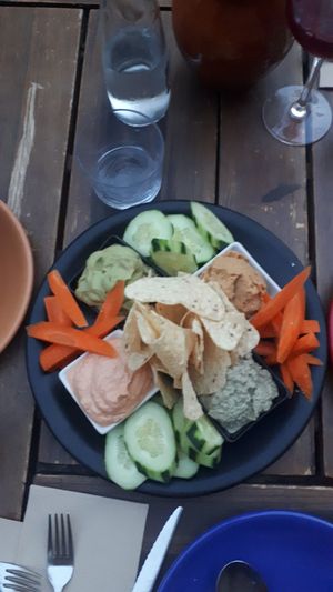 Tortilla chips and veggies and different dips yummo at Paprika in Granada