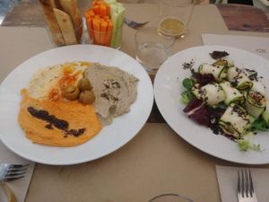Humus trio and zucchini rolls  at Paprika in Granada
