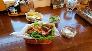 Pita falafel with potato wedges, hummus and avocado on the side. at Falafel Garden in Kyoto