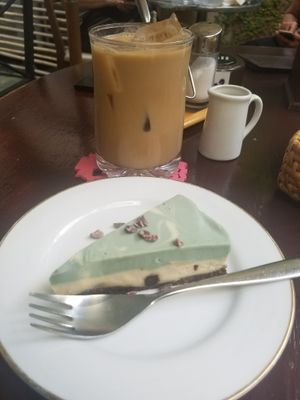 iced coffee with soymilk and mint chocolate raw cake  at Falafel Garden in Kyoto