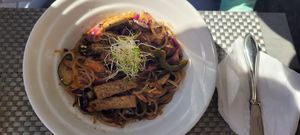 Asian noodles with veggie sausage at Green Gamut in Grand Bahama