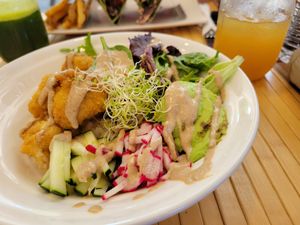 Delicious meal! Staff is so nice and the food and drinks were amazing! This is the cauliflower bowl &  very ginger lemonade! at Green Gamut in Grand Bahama