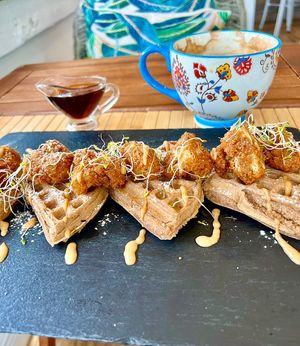 Cauliflower and wheat waffles! Delicious coffee !  at Green Gamut in Grand Bahama