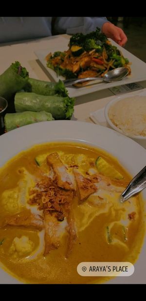 Kaeng Ka-Ri (yellow curry) as well as Fresh Rolls and Spicy Noodles at Araya's Place - University District in Seattle