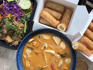 Fried rice, spring rolls, tofu/cream cheese rolls, Tom ka  at Araya's Place - University District in Seattle