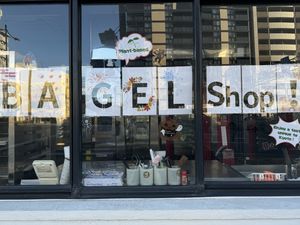 New ad in the kitchen window.  at Kamogawa Bakery in Kyoto