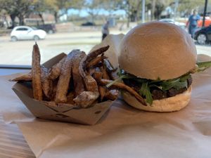 Green seed burger and dill fries  at Green Seed Vegan in Houston
