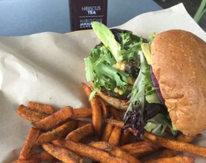 Big Tex Burger and Dill Sweet Potato Fries at Green Seed Vegan in Houston